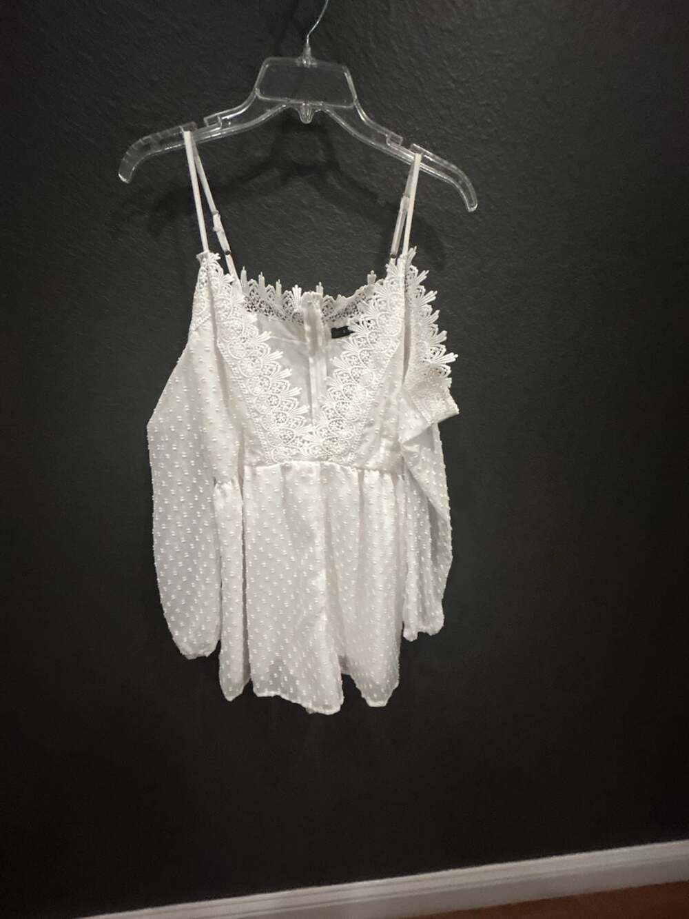 ZAFUL Women's White Swiss Dot Lace Trim Off-Shoulder Long Sleeve Romper